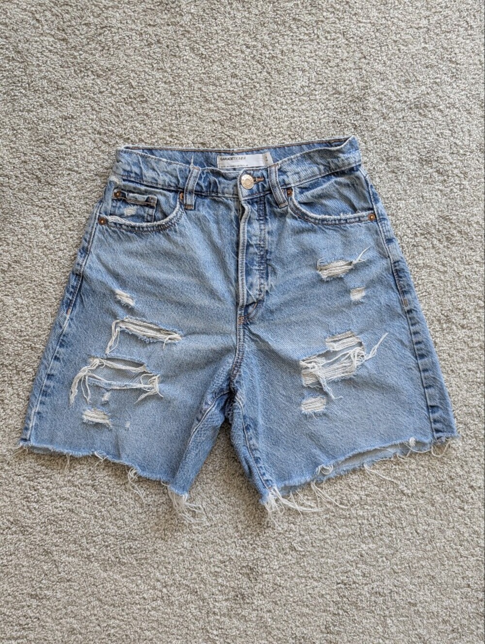 Garage Light Wash Distressed Denim Shorts High Rise Mid Length Cut Offs 90s